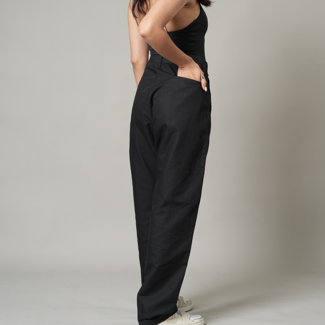 Cotton Linen Black Baggy Pant